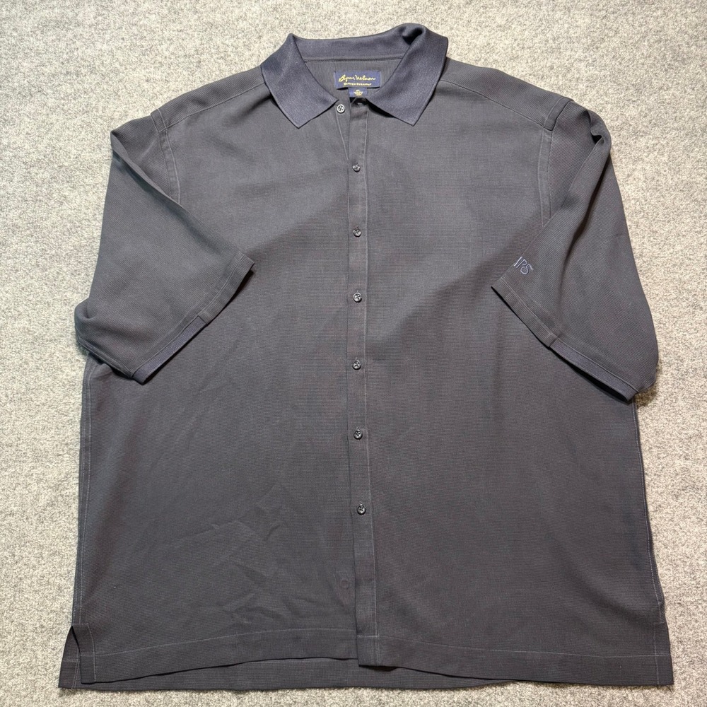 BYRON NELSON Mens Silk Waffle Knit Button Down Shirt Navy Short Sleeve XL